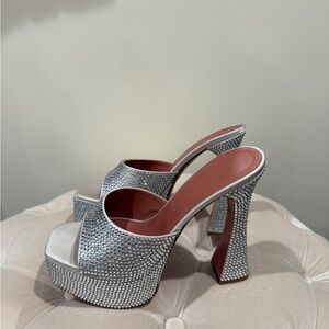 Amina Muaddi Silver Crystal Platform Mules with Pink Insole
